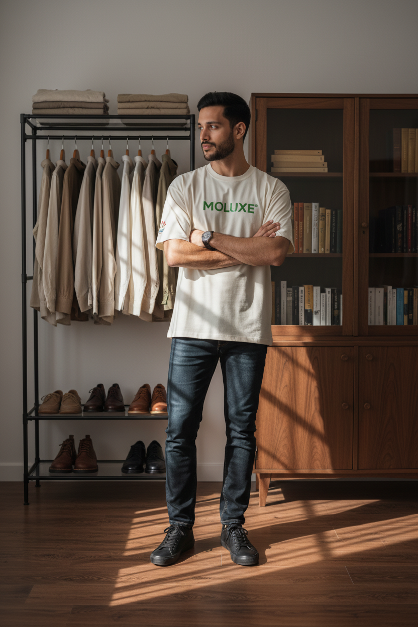 MOLUXE® Essential Tee – Off White & Glow in the dark Green Logo