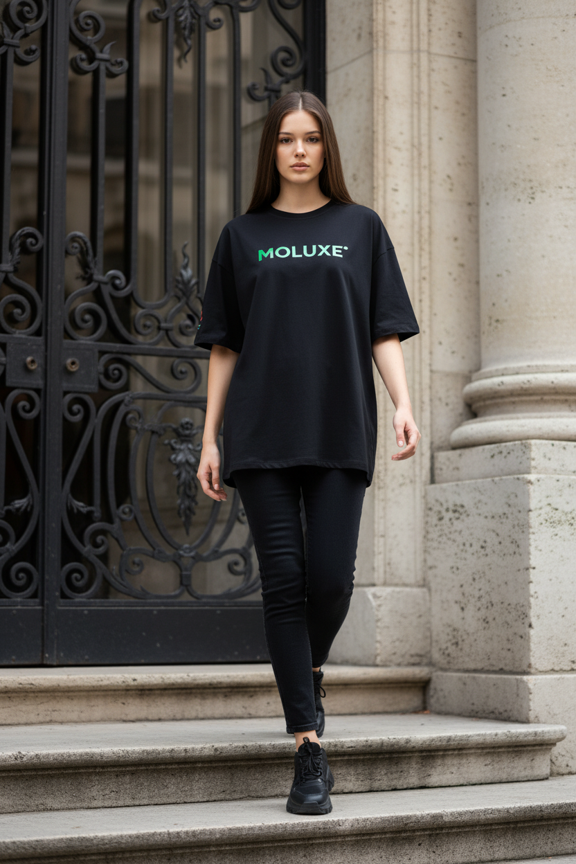 MOLUXE® Essential Tee – Black & Glow in the dark Green Logo