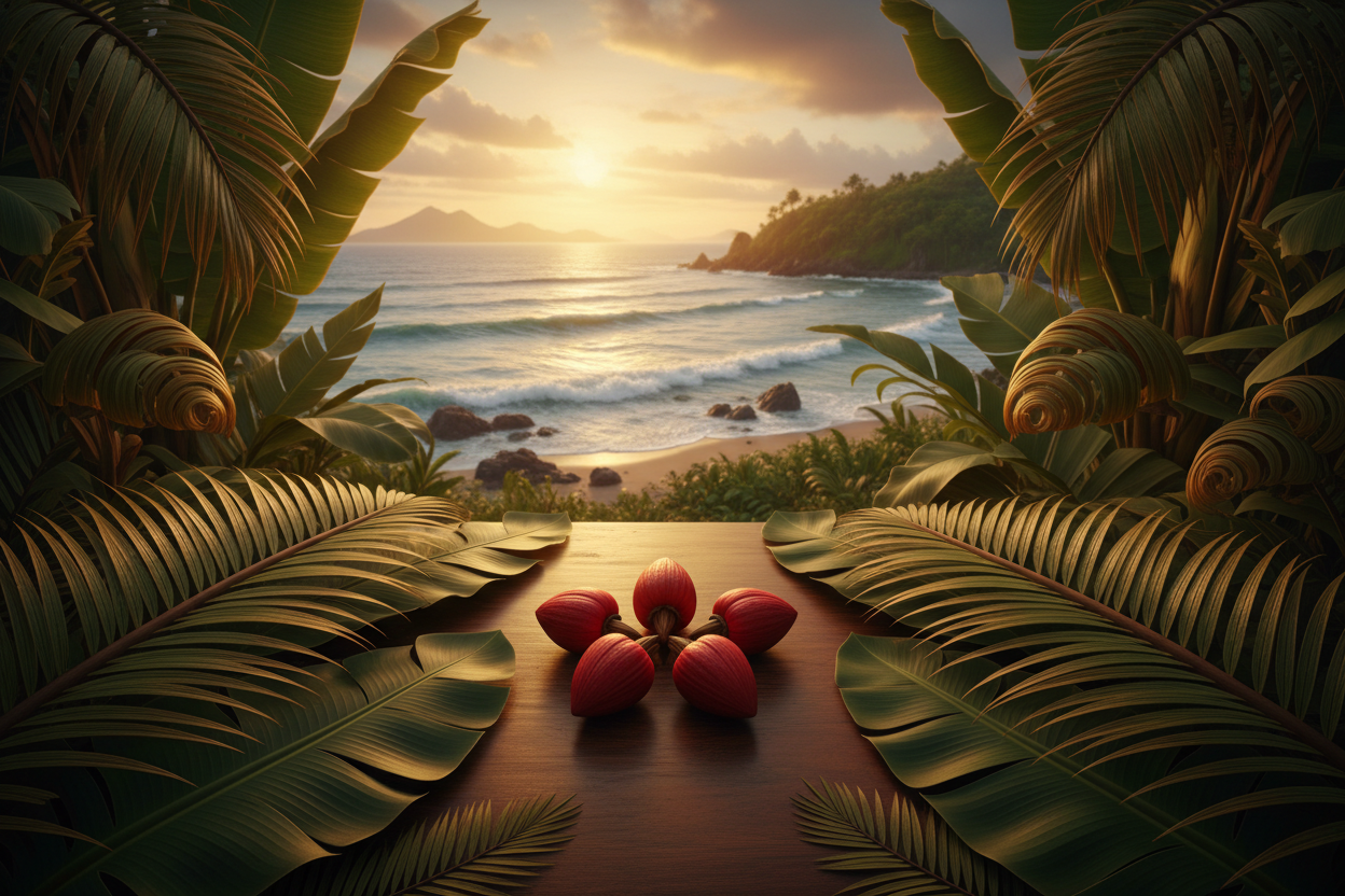 Rode kruidnagels (altijd 5)

Golven, zee, kustlijnen (Maluku vibe)

Tropische bladeren (bananenplant, palm)

Warme, goudachtige gloed (heritage + luxe)